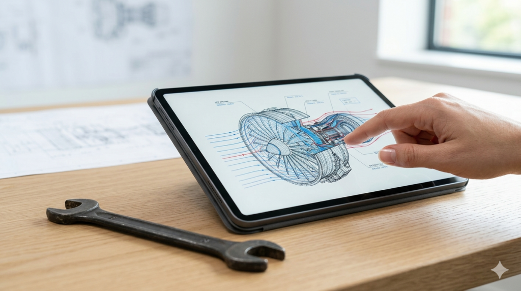 Aerospace technical publications for AME students showing digital documentation.