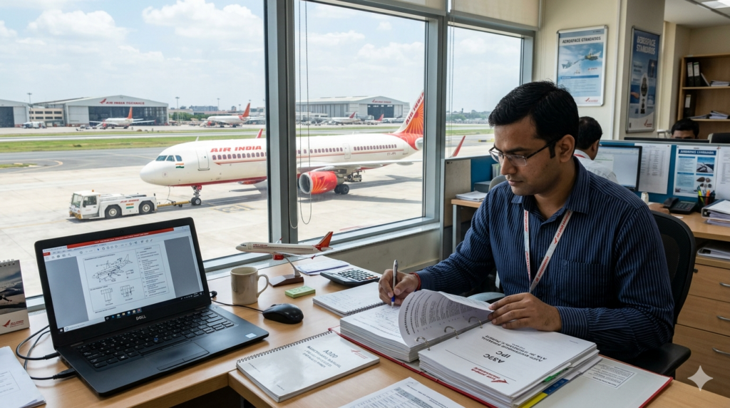 Alt text: "aerospace documentation jobs India — professional reviewing aircraft maintenance manual at desk"